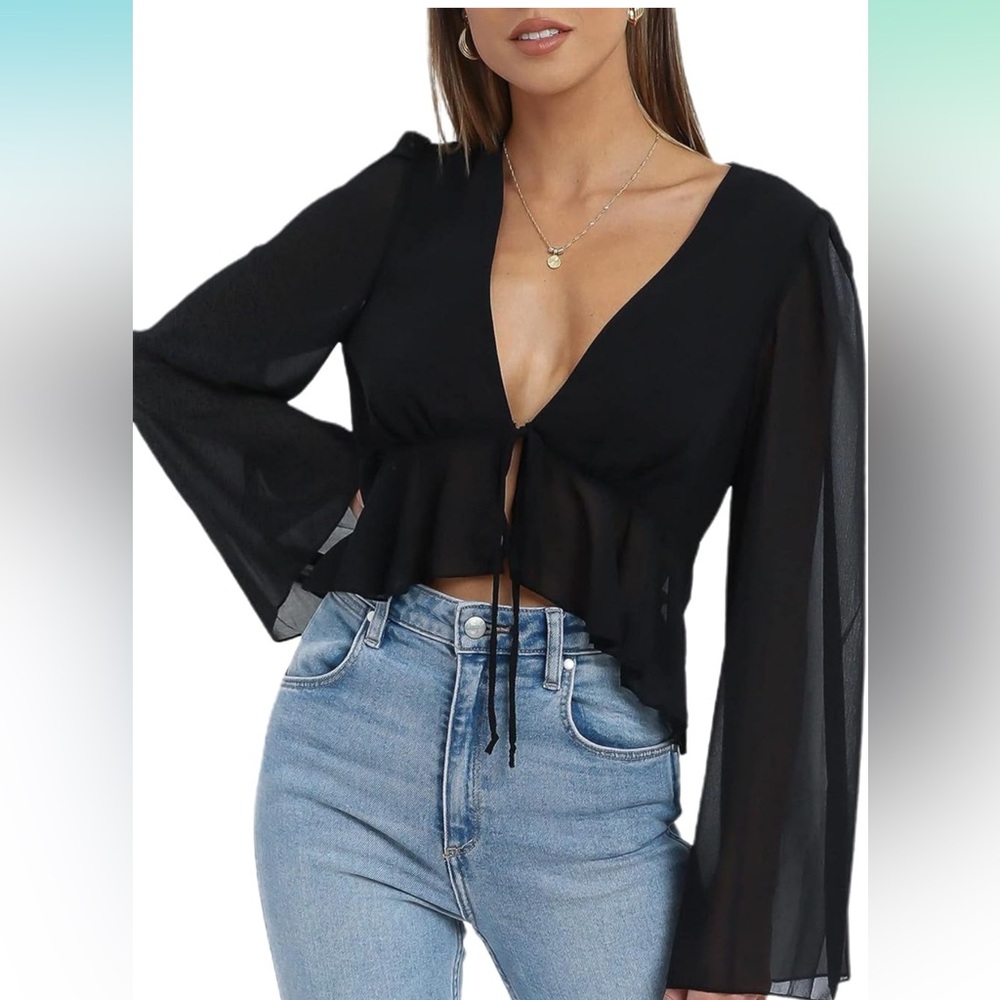 Women's Deep V Neck Long Sleeve Chiffon Ruffle Hem Blouse, Black, tie front